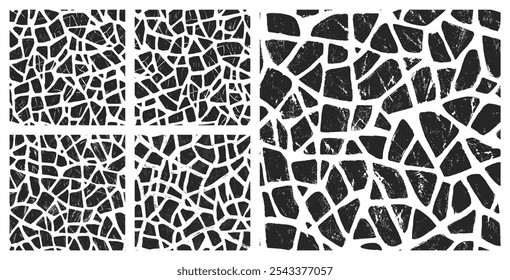 Broken Tiles Grunge Seamless Pattern Vector Set Black White Abstract Background. Rough Crushed Fragments Endless Texture Clip Art Bundle for Textile Print or Home Decor. Vintage Tile Art Illustrations