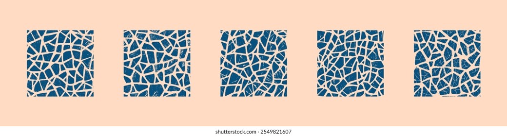 Azulejos rotos Estilo Grunge Patrón sin fisuras Vector Set Azul Beige Fondo Abstractas. Paquete de Clipart de textura sin fin de fragmentos triturados ásperos para impresión textil, decoración del hogar. Ilustración de arte de estilo boho