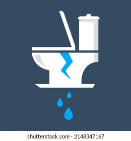 a broken broken toilet from which water flows. flat vector illustration.