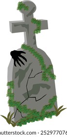 Lápida rota con mano zombi. Lápida de Halloween. Lápida de tumba en ruinas, cementerio. Lápida espeluznante de Halloween, monumento a la muerte. Ilustración vectorial plana aislada sobre fondo blanco.