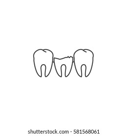 Broken tooth among healthy teeth. Dental disease. Vector illustration.