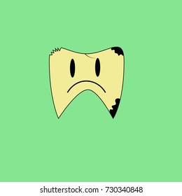 Broken tooth with cavities. Green background. Vector, illustration.