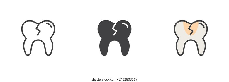 Conjunto de iconos de estilo diferente de diente roto. Línea, glifo y contorno relleno versión colorida, contorno y Vector relleno signo. Símbolo de la cavidad dental, ilustración del logotipo. Vector gráfico