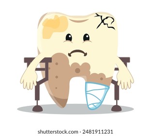 Broken tooth hurting on crutches. Chipped molar cartoon vector character.