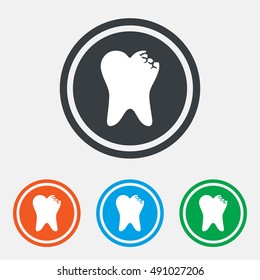 Broken tooth icon. Dental care sign symbol. Graphic design web element. Flat dental symbol on the round button. Vector