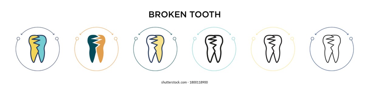 Broken tooth icon in filled, thin line, outline and stroke style. Vector illustration of two colored and black broken tooth vector icons designs can be used for mobile, ui, web
