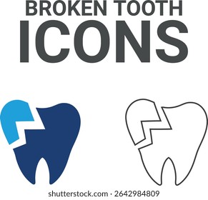 Iconos de dientes rotos, iconos de arte de línea que contienen dientes, dentista, pasta de dientes, cepillo de dientes, dientes, implantes e iconos de odontología. Colección de iconos sólidos. Ilustración vectorial.