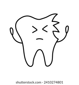 Broken tooth isolated on white background. Cracked dental character. Teeth health care black and white concept. Vector illustration
