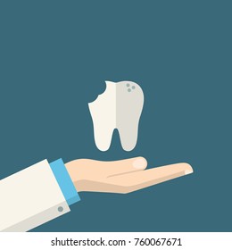 A Broken Tooth on The Hand of the Dentist. Flat design. Vector illustration