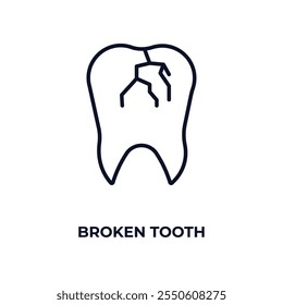 Icono de contorno de diente roto. Vector lineal del concepto dentista. Línea delgada icono de diente roto aislado sobre fondo blanco