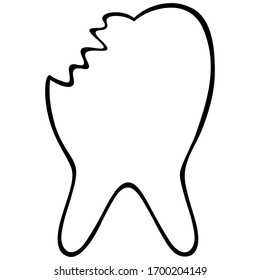 Zahn-Symbol gebrochen. Vektorillustration. Contour auf isoliertem Hintergrund. Zahnpflege. Medizinische Themen. Skizze. Doodle-Stil. Handgezeichnet. Illustration für Webdesign.