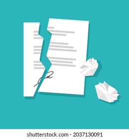 Broken or torn contract and crumpled sheets of paper. Deal termination concept. Partnership cancelation. Vector illustration