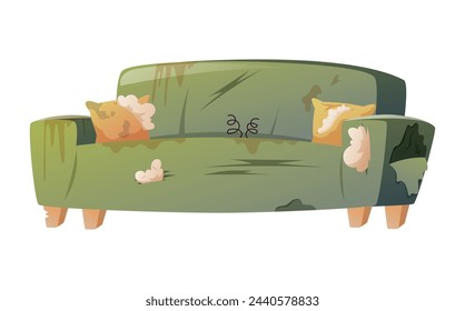 Gebrochen, zerrissen und schmutzig zu Hause grünes Sofa. Beschädigte Möbel für das Innere des Wohnzimmers. Vektor isolierte Cartoon-Illustration.