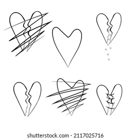 Broken, torn heart. Pain, suffering, tears, love. Two halves of a broken heart. Black lines on a white background. Vector illustration of doodles.