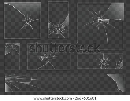 Broken transparent glass plates with cracks, shattered panels with sharp fragments isolated on dark background. Vector collection of cracked glass frames