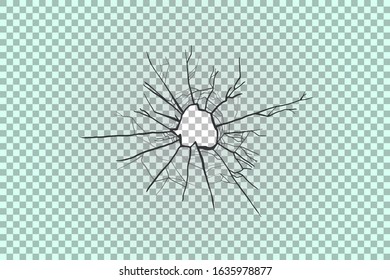 Broken transparent glass. Smash vector illustration. Bullet hole.