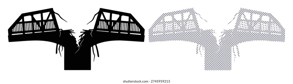 Broken transport infrastructure destroyed bridge sections, engineering failure halftone art