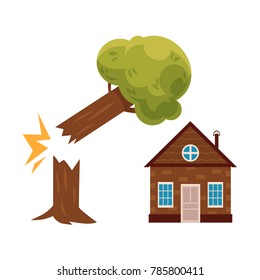 Broken Tree Falling On Cottage House, Property Insurance Concept Icon, Cartoon Vector Illustration Isolated On White Background. Property Insurance Icon With Tree Falling On Cartoon Cottage House