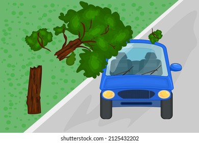 Broken Tree Fell On Car. Tree Tumbled On Blue Automobile Roof And Windshield. Car Damaged By Fallen Tree. Natural Disaster Insurance. Road Accident Or Dangerous Situation. Stock Vector Illustration