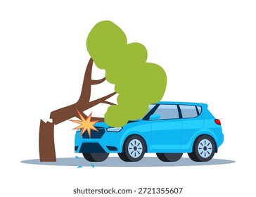 Broken tree fell on car. Crashed automobile with broken roof. Damaged transport. Natural disaster.