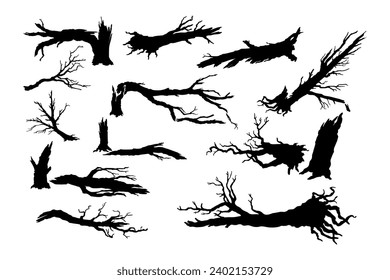 Broken tree isolated silhouettes. Black template of destroyed forest. Fallen wood. Branches and trunks after storm. Vector illustration