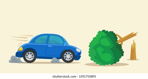 Broken tree lies on the road. Car emergency brakes in front of broken tree on road. Unexpected obstacle on the road, accident. Vector illustration, flat design cartoon style. Isolated background.