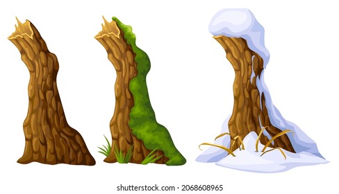 Broken tree in moss, under snow. Cartoon stump in lichen in swamp jungle. Mouldering oak and snowdrifts. Isolated vector elements game style on white background.