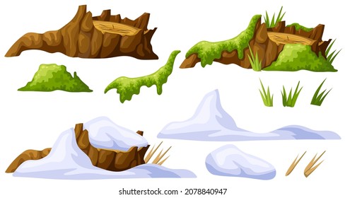 Broken tree in moss, under snow. Cartoon stump in lichen in swamp jungle. Mouldering oak and snowdrifts. Isolated vector elements game style on white background.