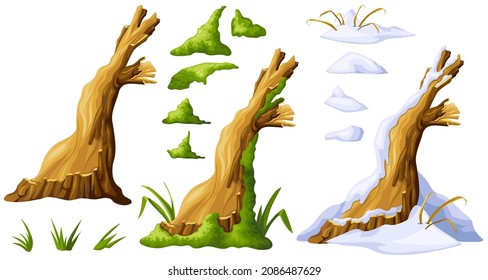 Árbol roto en musgo, bajo nieve. Caricatura en liquen en la selva pantanosa. Moldeando roble y nevadas. Estilo de juego de elementos vectoriales aislados sobre fondo blanco.