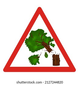 Gebrochenes Baumstraßenschild einzeln auf weißem Hintergrund.Insigna des zerbrochenen Zweigstelldreiecks.Beschädigtes Baumsymbol.Vorsicht stürzt oder gefallener Ast auf Straßensymbol.Warnschild auf Holzschlag.Vektorgrafik