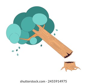 Gebrochener Baum und Strauch 2D lineares Cartoon-Objekt. Folgen der Katastrophe. Gefallener Pflanzenstamm nach Sturm isolierte Linie Vektorgrafik Element weißer Hintergrund. Gefährliche Unfallfarbe flache Spot-Illustration