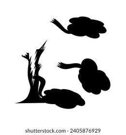 Broken tree silhouette on white background. Tree branches destroyed due to natural disaster.
