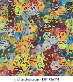 Broken triangle angle shards in a hexagon grid. Funky stylized graphical motif for scrapbook or surface design. Seamless repeat vector pattern swatch.