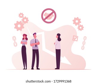 Broken Trust Concept. Business Characters Stand with Crossed Arms Avoiding Handshake. Betrayal, Communication Problems, People dont Believe Each Other, Bad Reputation. Cartoon Vector Illustration