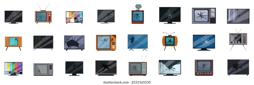 Conjunto de iconos de televisión rotos. Conjunto de varios televisores, tanto antiguos como modernos, con la pantalla agrietada o rota