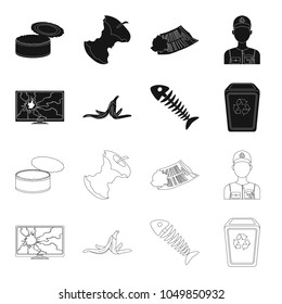 Broken TV monitor, banana peel, fish skeleton, garbage bin. Garbage and trash set collection icons in black,outline style vector symbol stock illustration web.