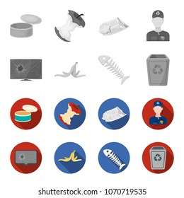 Broken TV monitor, banana peel, fish skeleton, garbage bin. Garbage and trash set collection icons in monochrome,flat style vector symbol stock illustration web.