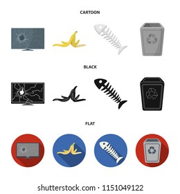 Broken TV monitor, banana peel, fish skeleton, garbage bin. Garbage and trash set collection icons in cartoon,black,flat style vector symbol stock illustration web.