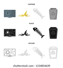 Broken TV monitor, banana peel, fish skeleton, garbage bin. Garbage and trash set collection icons in cartoon,black,outline style vector symbol stock illustration web.