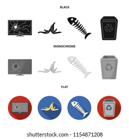 Broken TV monitor, banana peel, fish skeleton, garbage bin. Garbage and trash set collection icons in black, flat, monochrome style vector symbol stock illustration web.