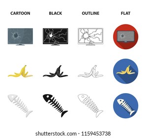 Broken TV monitor, banana peel, fish skeleton, garbage bin. Garbage and trash set collection icons in cartoon,black,outline,flat style vector symbol stock illustration web.