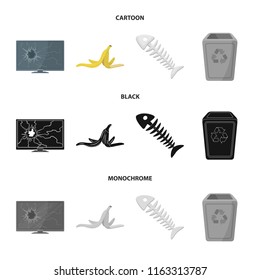 Broken TV monitor, banana peel, fish skeleton, garbage bin. Garbage and trash set collection icons in cartoon,black,monochrome style vector symbol stock illustration web.
