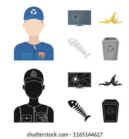 Broken TV monitor, banana peel, fish skeleton, garbage bin. Garbage and trash set collection icons in cartoon,black style vector symbol stock illustration web.