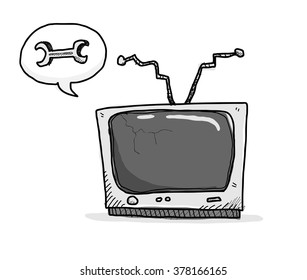 Broken TV Needs Fixing, a hand drawn vector illustration of an old, broken TV that needs fixing.