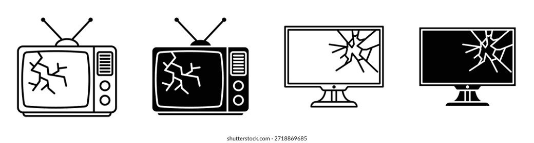 Icono roto de la pantalla de televisión en paquete de estilo lineal y Clipart sobre fondo blanco.