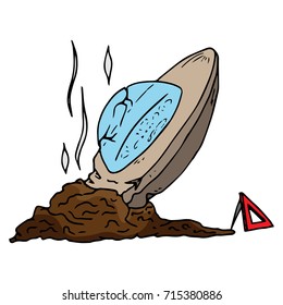 Broken UFO. UFO crash. Vector illustration. Hand drawn cartoon ufo.