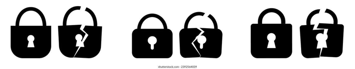 Broken unlock padlock icon. Lock icon with crack vector