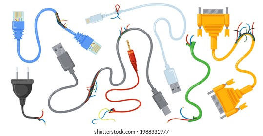 Cables USB rotos y conjunto de ilustraciones vectoriales de cables. Circuitos eléctricos dañados y conectores con tapones aislados en fondo blanco. Electricidad, concepto de hardware