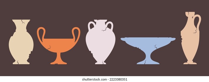 Se colocan siluetas rotas de jarrón. Diferentes ánforas griegas rajadas. Diversas formas y formas de frasco o vaso de cerámica antiguo. Colección antigua de cerámica de arcilla. Vector