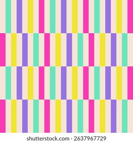 Broken vertical stripes in bright pink, green, yellow and violet colours on a light background.